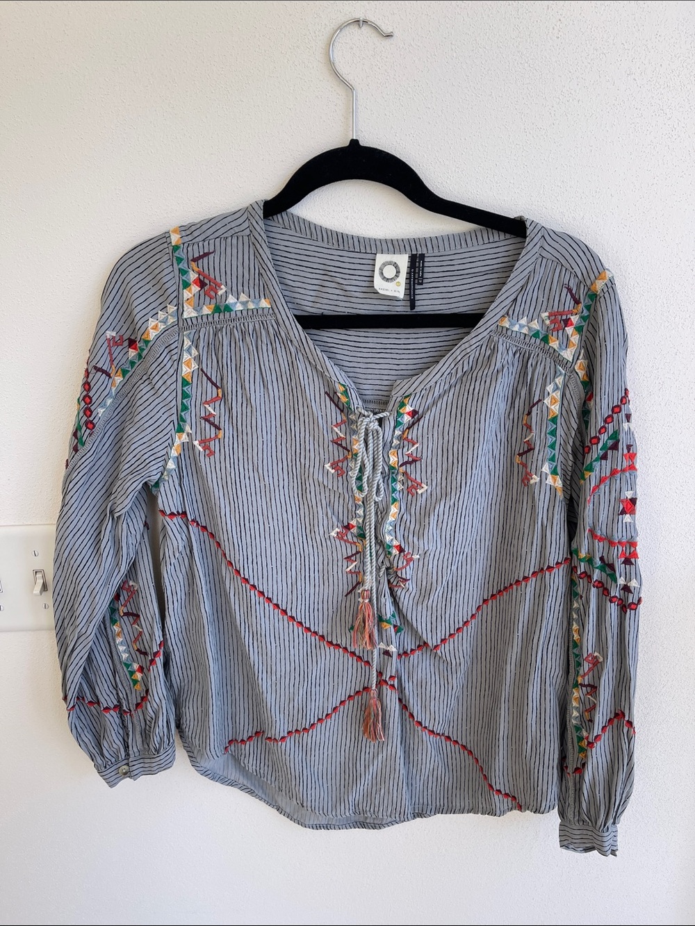 Anthropologie Gray Striped Embroidered Peasant Tunic with Multicolor Accents